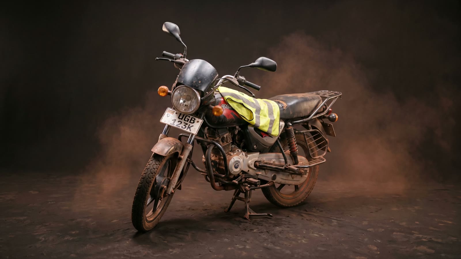 A Bajaj Boxer boda-boda motorcycle in a warm dark studio void