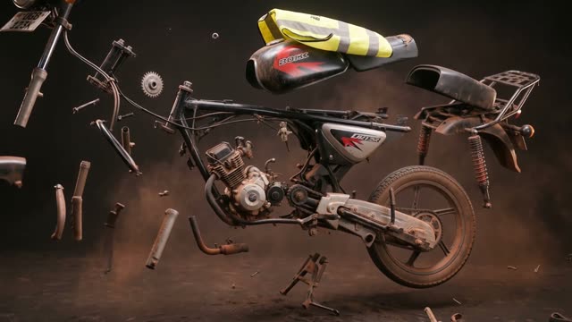 The boda exploded into floating parts