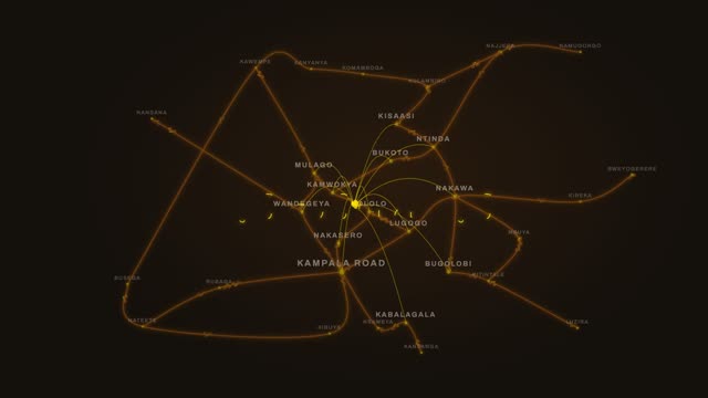 A glowing map of Kampala with boda routes